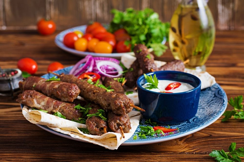 Greek Inspired Lamb Kabobs with Tzatziki, image of kabobs on a plate